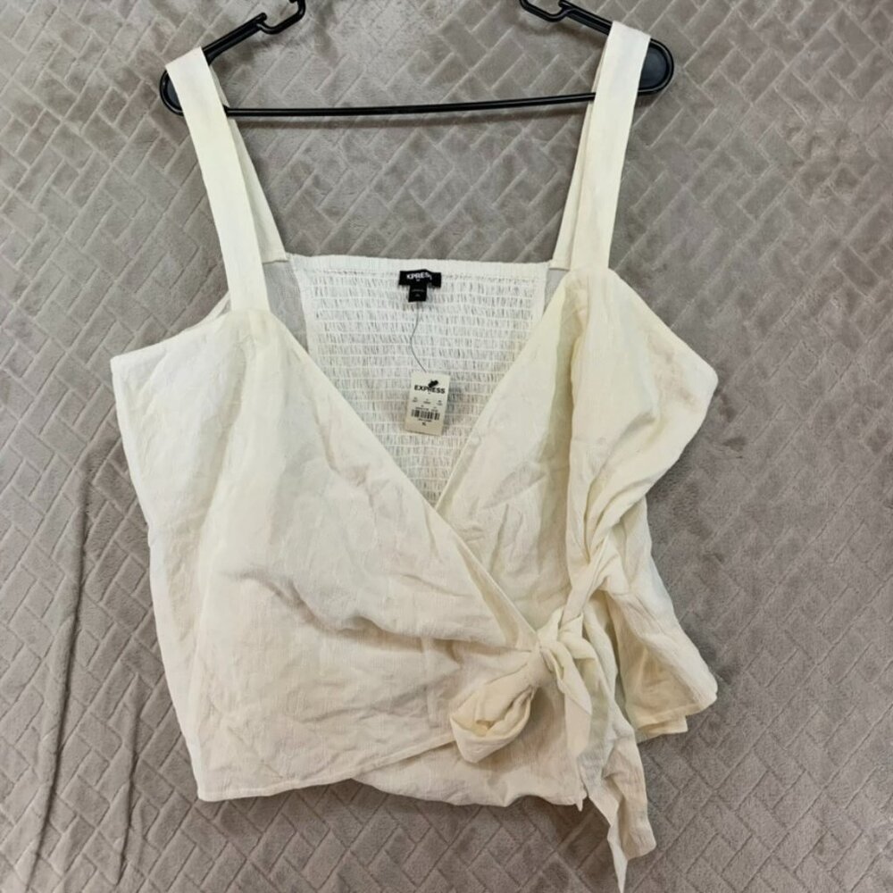 Express Womens XL Blouse Crop Tank Top Cream White V Neck Tie Front Smocked